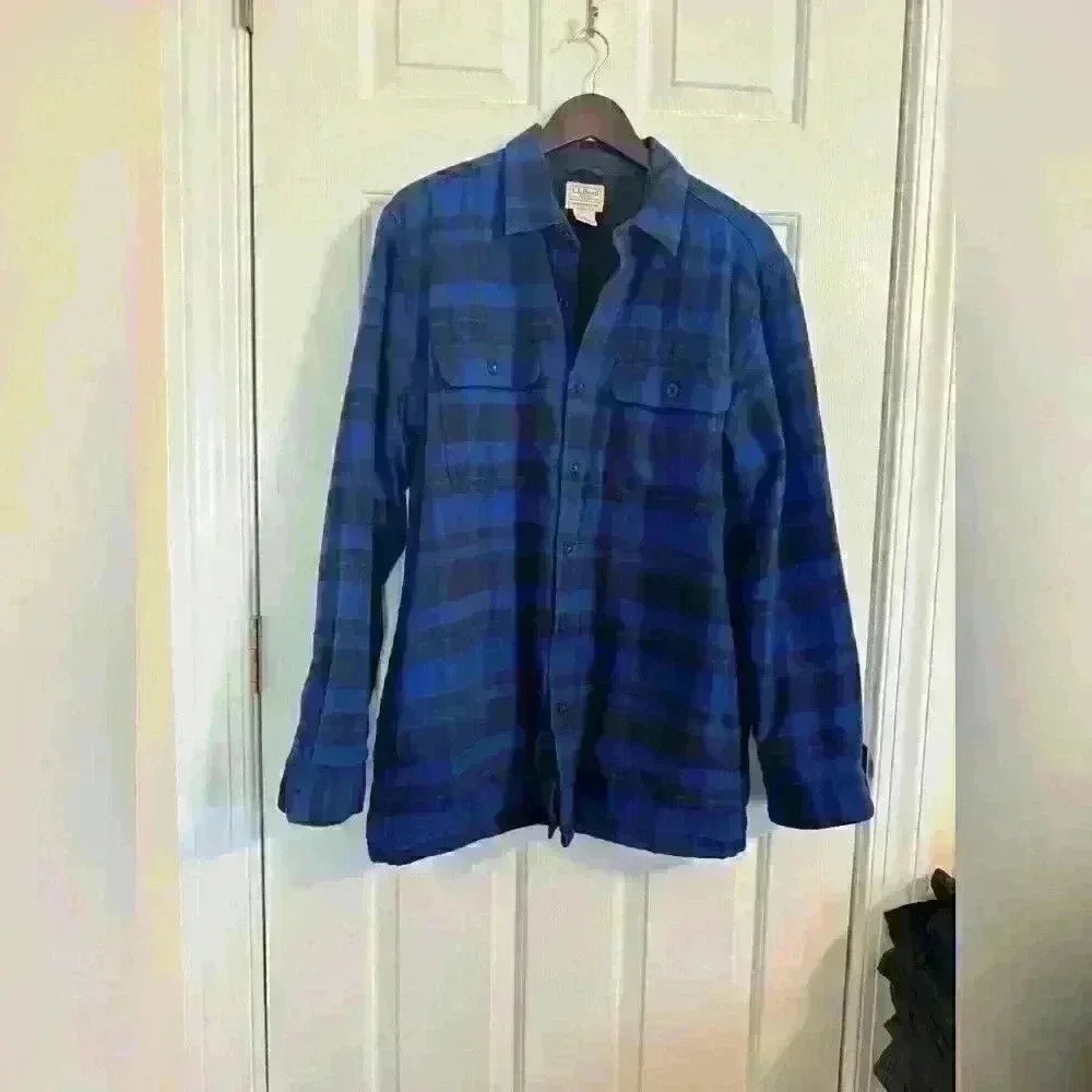 L.L. Bean men’s flannel fleece lined size medium blue black plaid